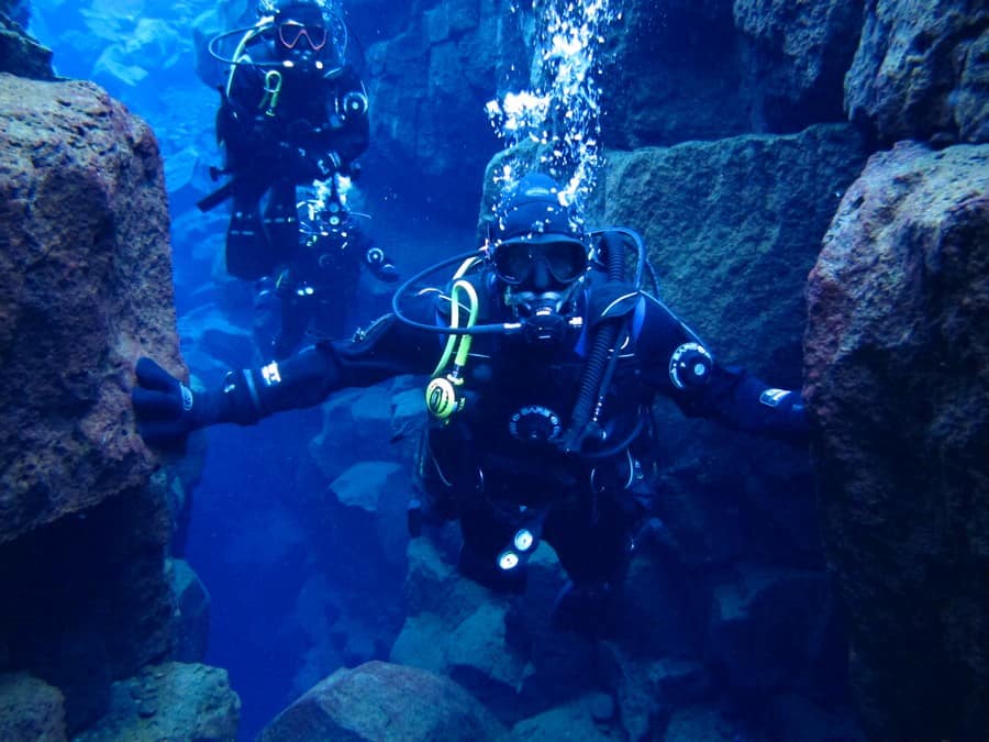 Cole between tectonic plates in Silfra crack, Iceland