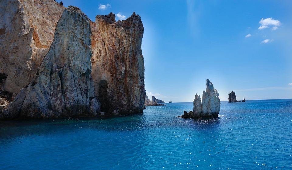 Greek Island, Rocks, Sea, Blue Sky, Poliegos