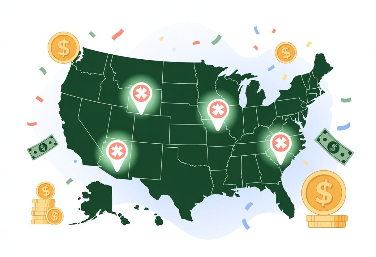Mapping America’s Biggest Winners: The U.S. States With the Most Sweepstakes Jackpots 5 A colorful map of the United States showing highlighted states with icons representing sweepstakes jackpot wins, surrounded by coins, dollar bills, and confetti.