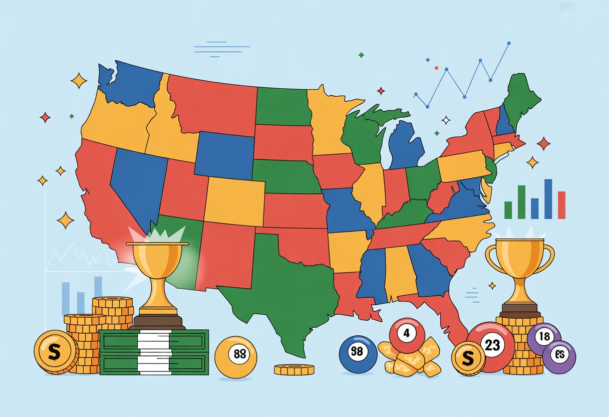 Mapping America’s Biggest Winners: The U.S. States With the Most Sweepstakes Jackpots 7 A detailed illustration of a United States map highlighting states with many lottery wins, surrounded by lottery balls, coins, cash, and symbols of jackpots.